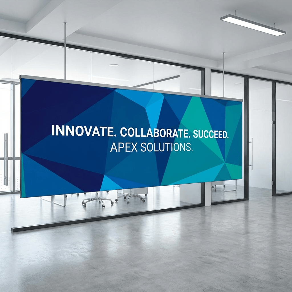 Digital sign in modern office reading INNOVATE. COLLABORATE. SUCCEED. APEX SOLUTIONS.
