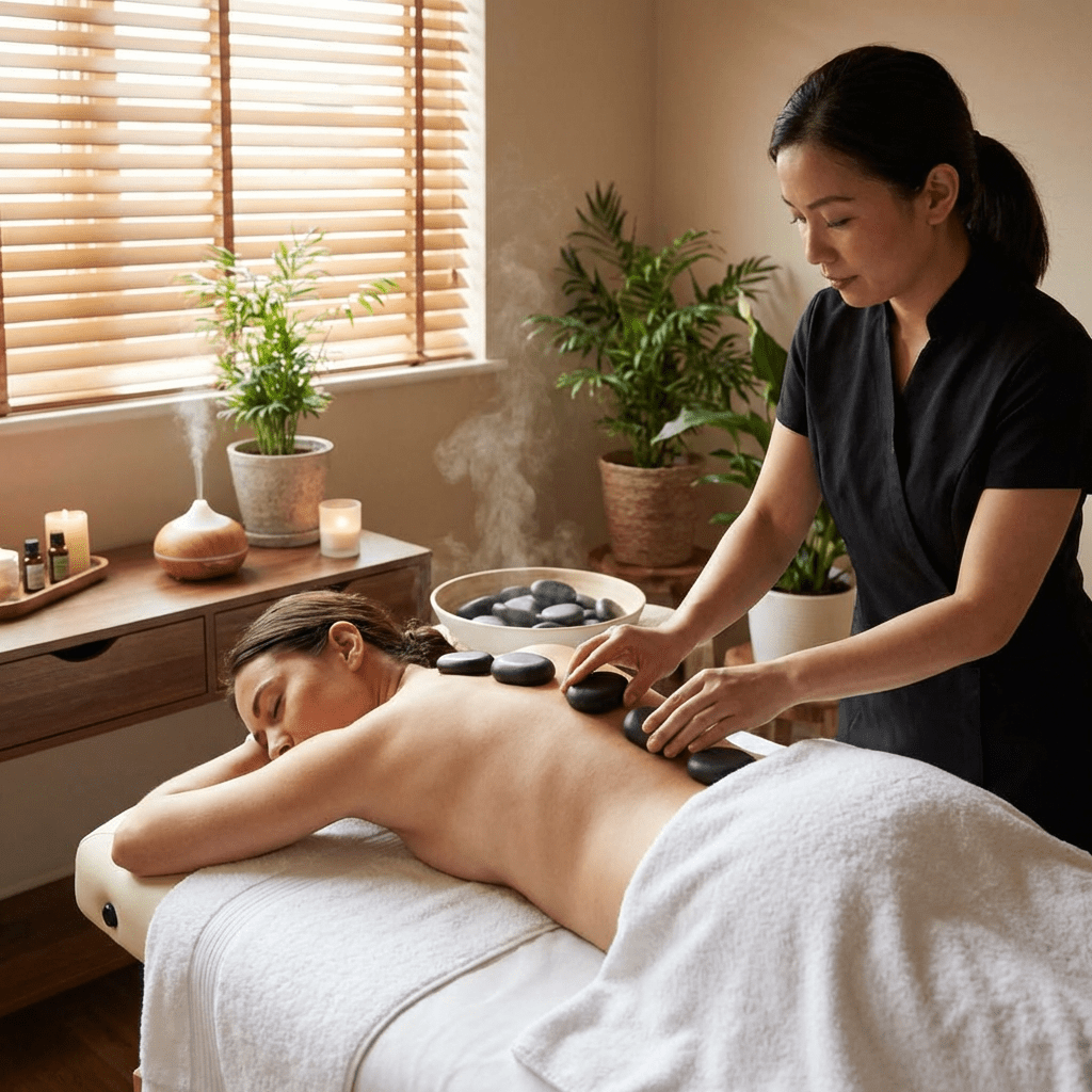 Therapist placing heated black stones on a woman's back during a professional spa treatment.