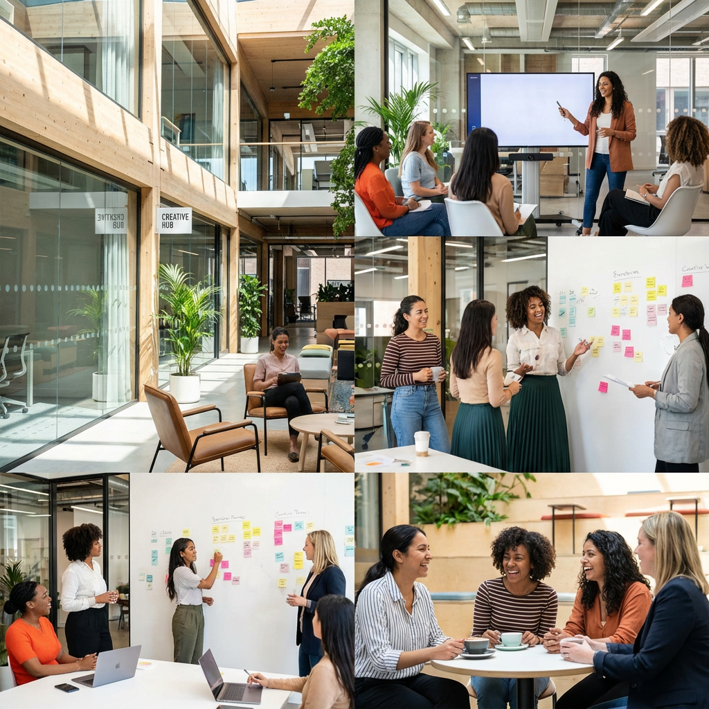 Collage of diverse women collaborating in a modern office featuring a 'Creative Hub' sign.